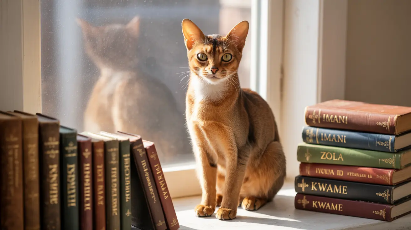 An Abyssinian cat sitting alertly beside a collection of books near a window