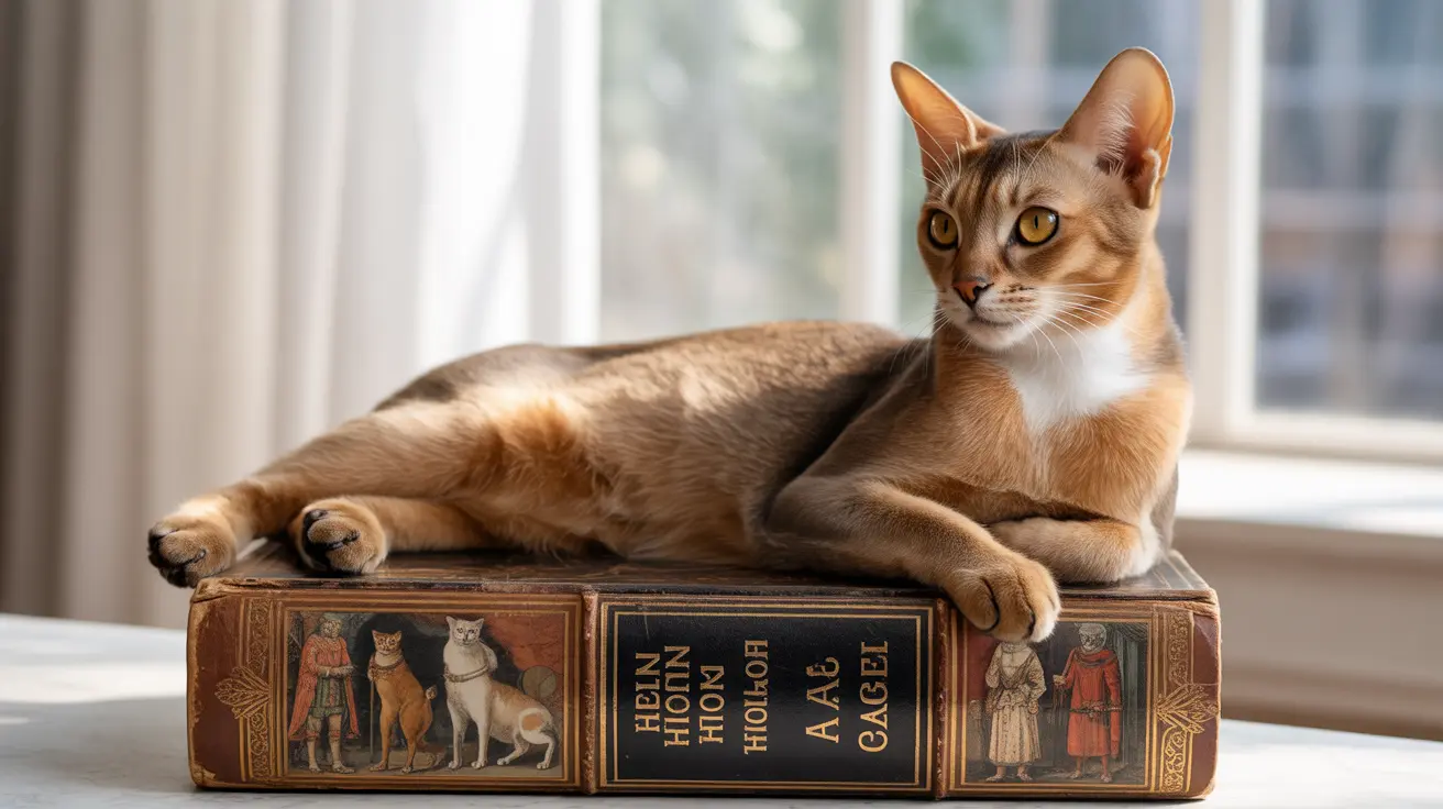 Elegant Abyssinian cat resting on an antique book near a window