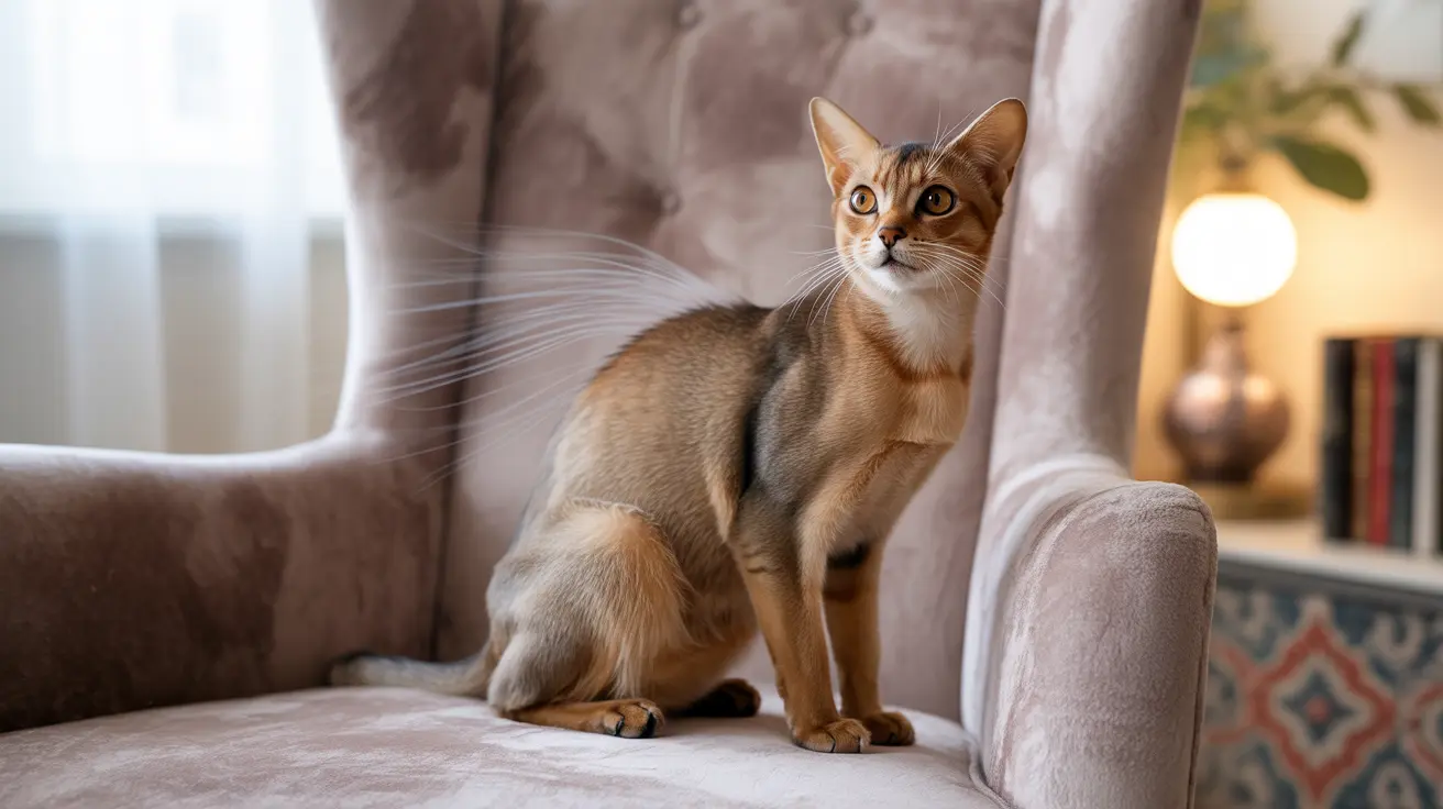 An Abyssinian cat sitting alertly on a beige armchair in a cozy living room