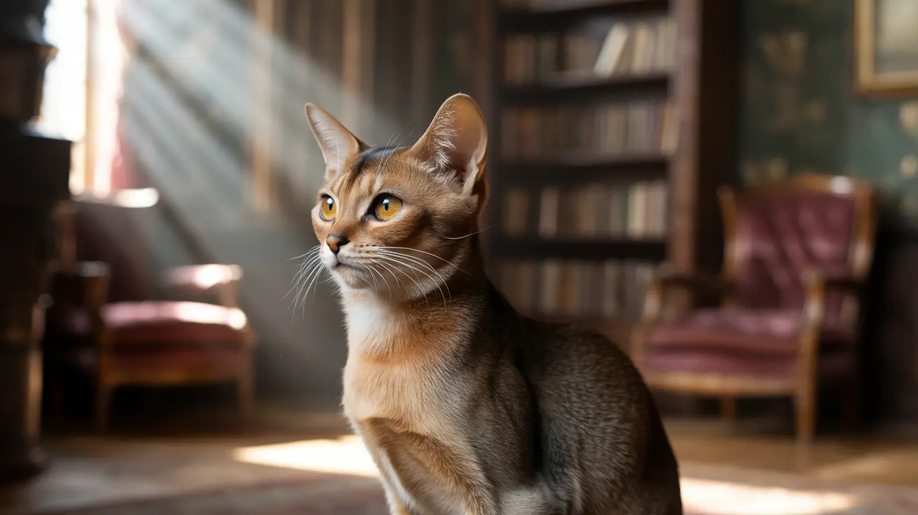An alert Abyssinian cat in a classic study room with sunlight