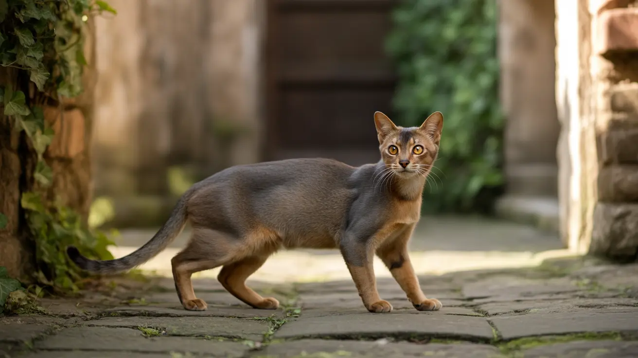 An alert Abyssinian cat standing on a stone pathway between stone walls and greenery