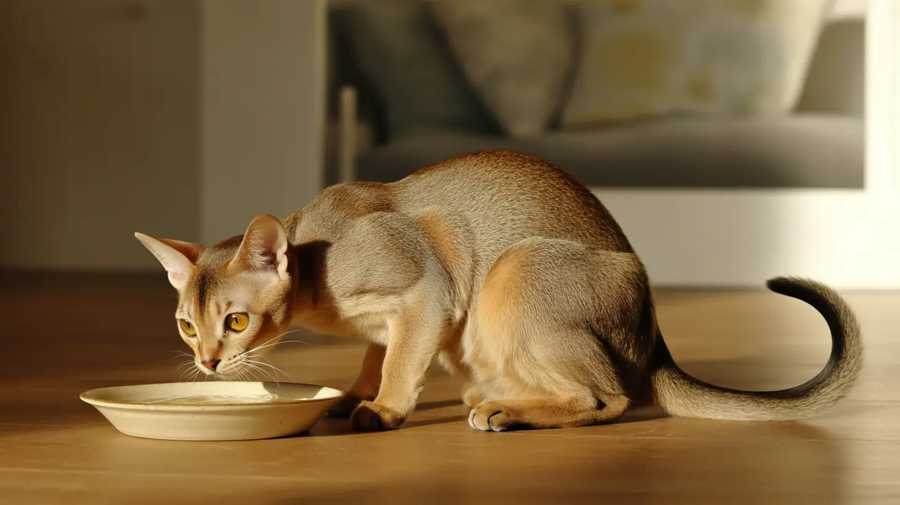 A golden-eyed Abyssinian cat drinking water from a white bowl on a wooden surface in bright sunlight