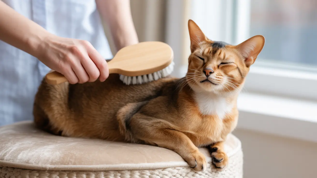 A content cat being brushed with a wooden-handled grooming brush