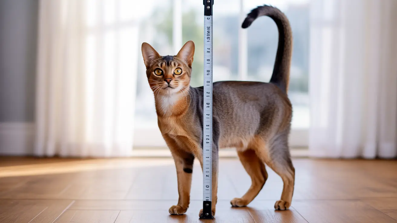 Abyssinian cat being measured against a vertical height chart indoors