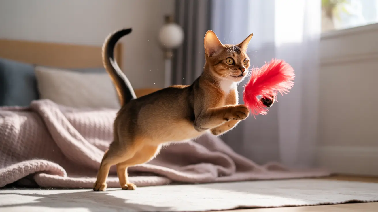 An Abyssinian cat mid-leap, playfully batting at a bright red feather toy
