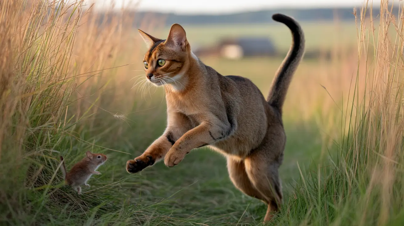 Un gato abisinio capturado en pleno salto mientras caza un pequeño ratón en un campo de hierba.