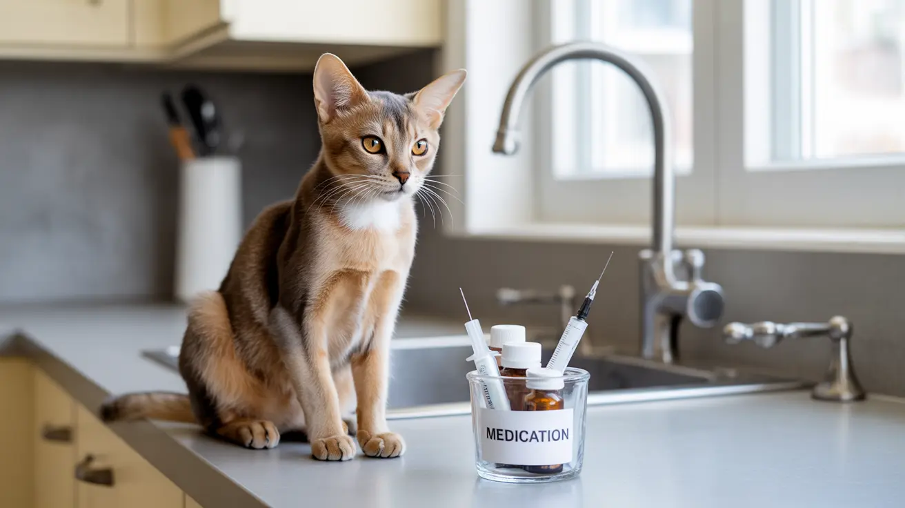 An Abyssinian cat on a kitchen counter with medicine bottles and syringes