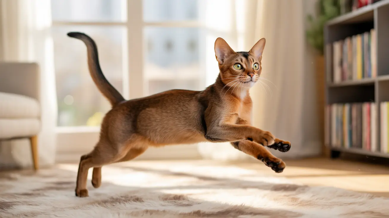 An Abyssinian cat mid-leap across a soft carpet in a bright, sunlit living room