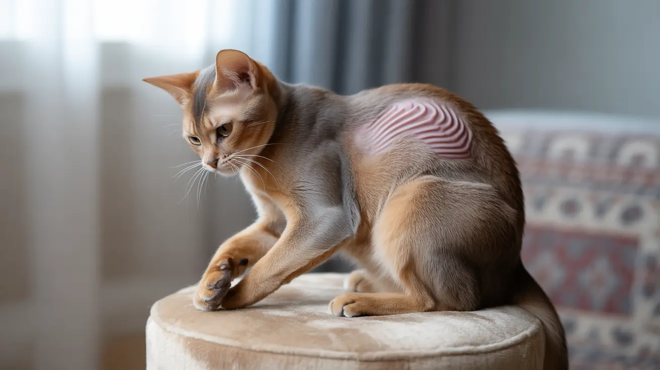 ベージュのオットマンの上に注意深く座るアビシニアンの猫。猫の刈り上げられた側面には手術または医療のマーキングが見える。