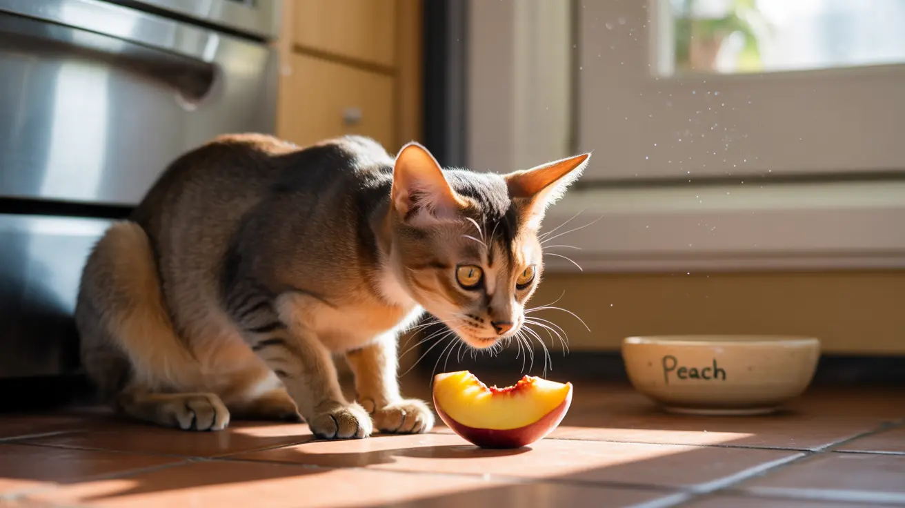 Un chat abyssin observe attentivement une tranche de pêche fraîche sur le plan de travail d'une cuisine ensoleillée.