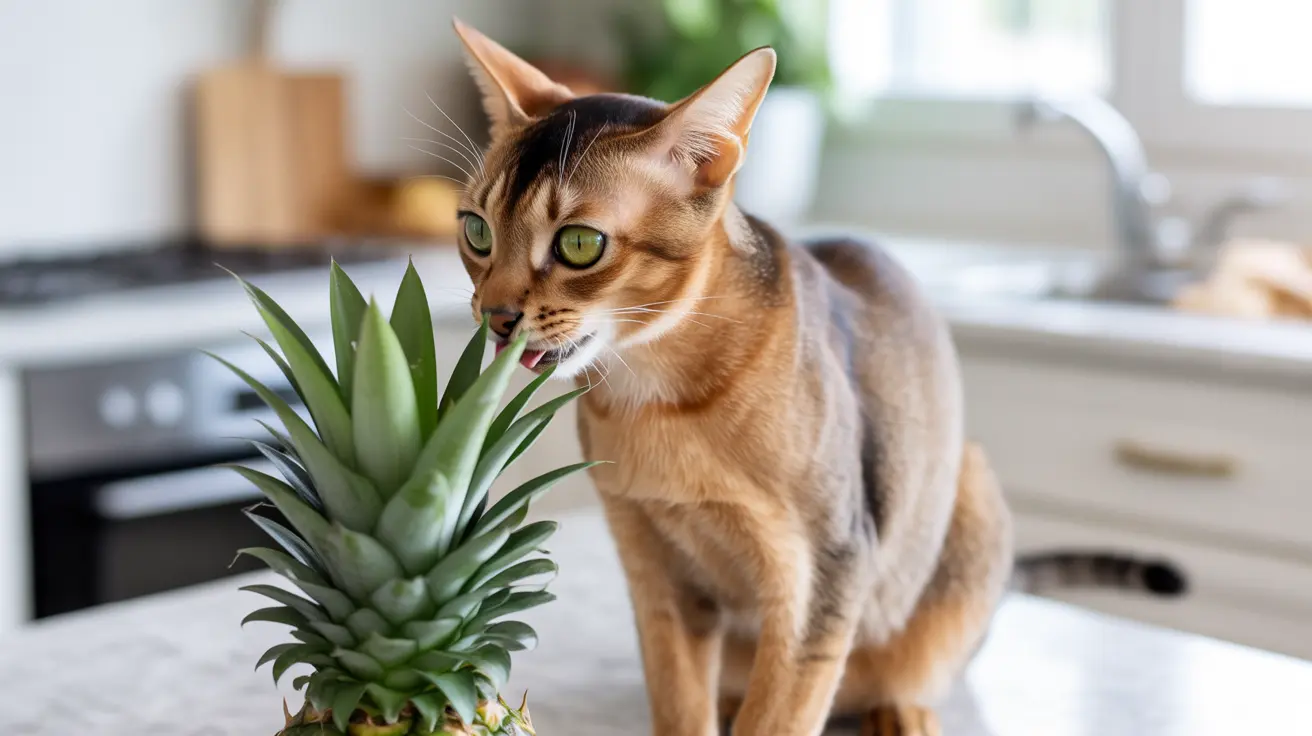 An Abyssinian cat curiously investigating a pineapple on a kitchen counter