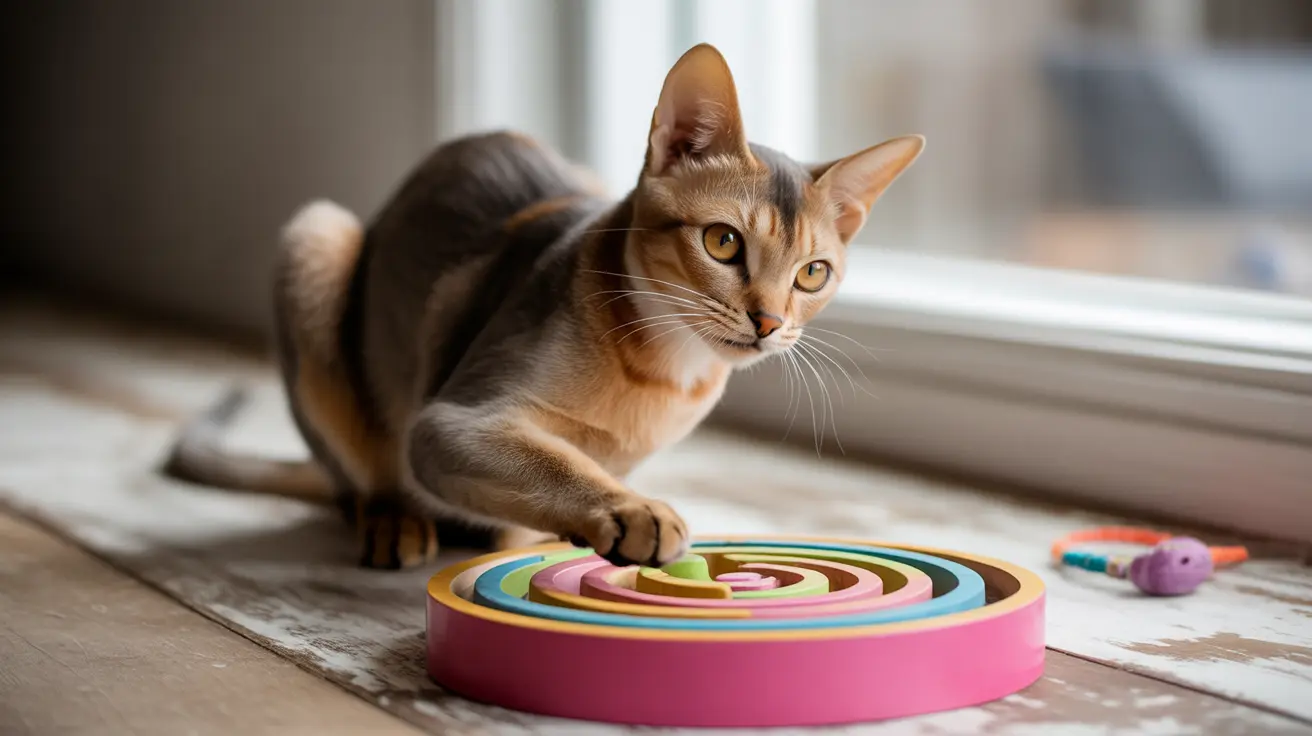 An Abyssinian cat playing with a colorful circular puzzle toy near a window