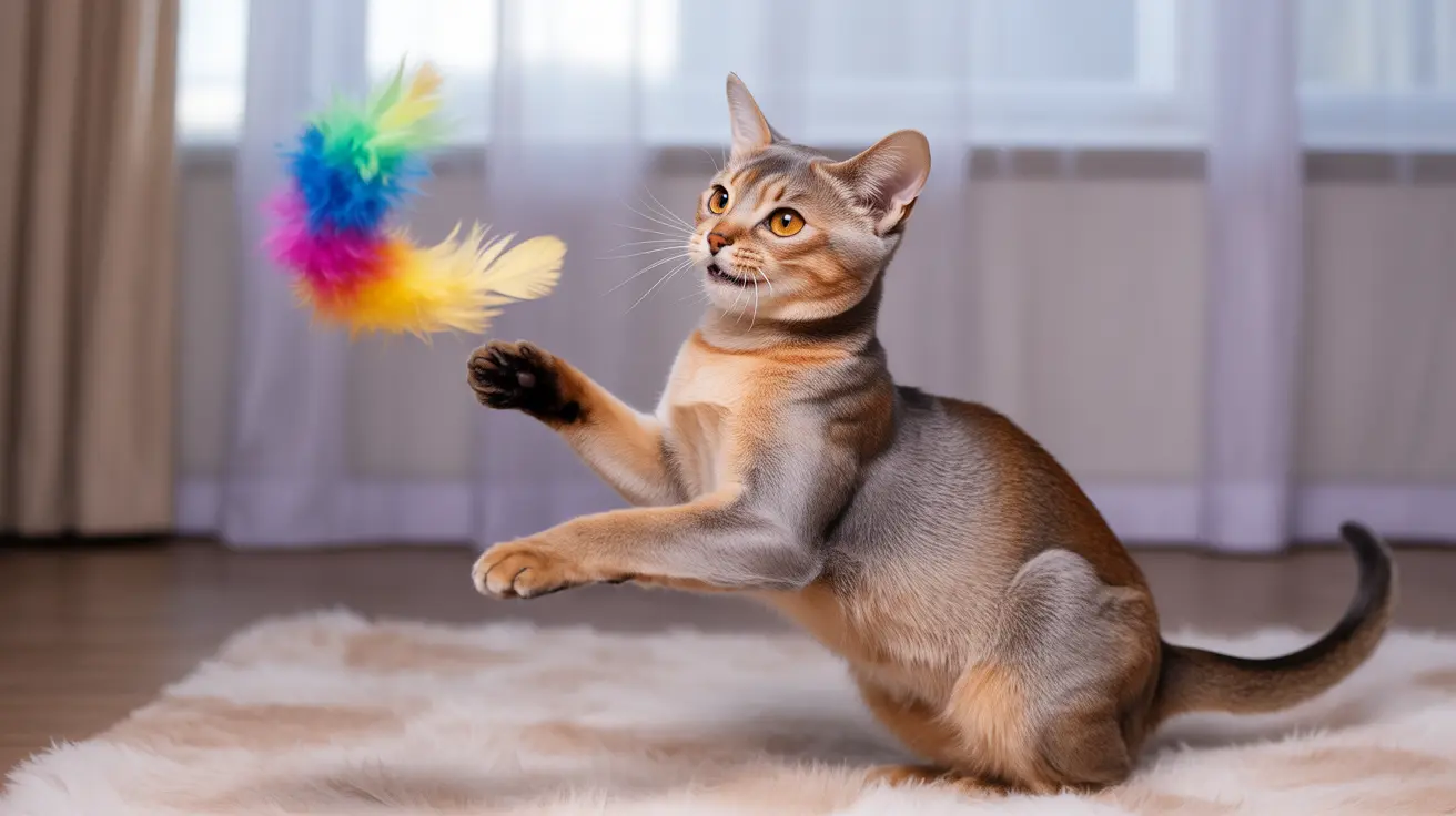 An Abyssinian cat playfully batting at a rainbow feather toy on a soft beige rug
