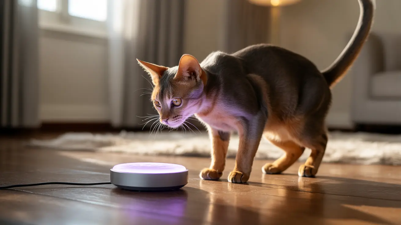An Abyssinian cat investigating a glowing purple device on a wooden floor