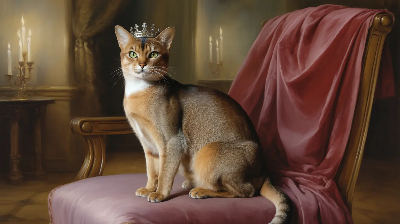 A regal Abyssinian cat wearing a silver crown, sitting majestically on a pink chair with candelabras in the background