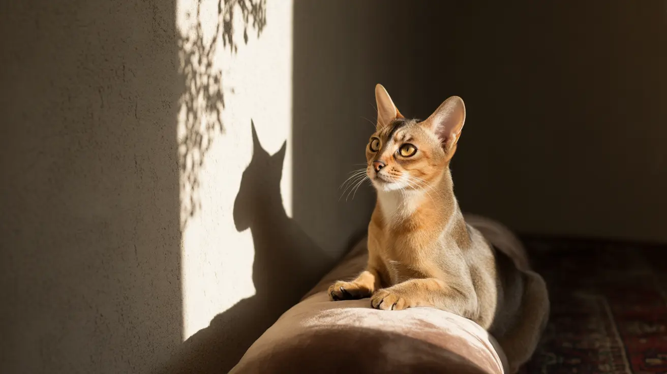 An elegant Abyssinian cat sitting alertly on a cushioned surface, bathed in dramatic sunlight with a distinct shadow against the wall.