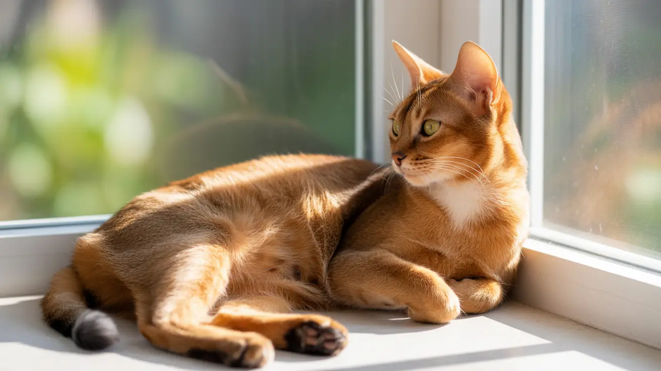 An Abyssinian cat lounging peacefully on a windowsill in soft, warm sunlight