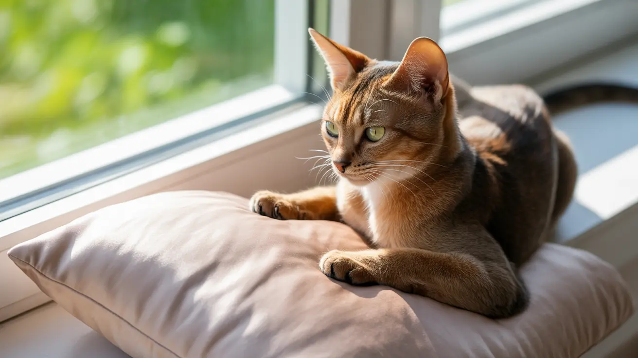 A beautiful Abyssinian cat lounging comfortably on a soft cushion by a sunny window