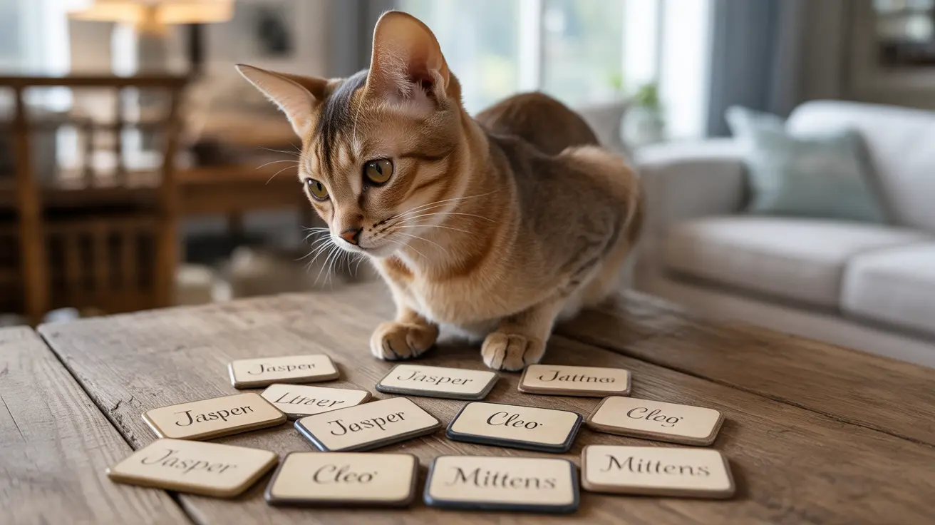An Abyssinian cat sitting on a wooden table surrounded by name tags