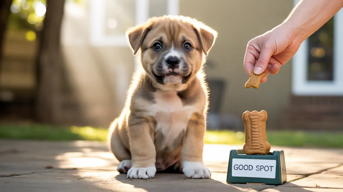 An adorable young puppy sitting attentively near a 'Good Spot' treat dispenser with a dog biscuit
