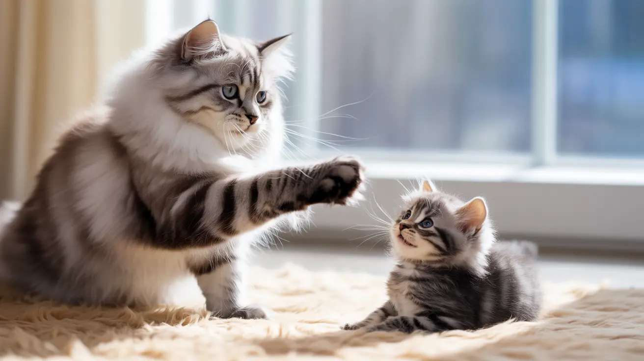 An adult cat and a kitten interacting playfully near a window