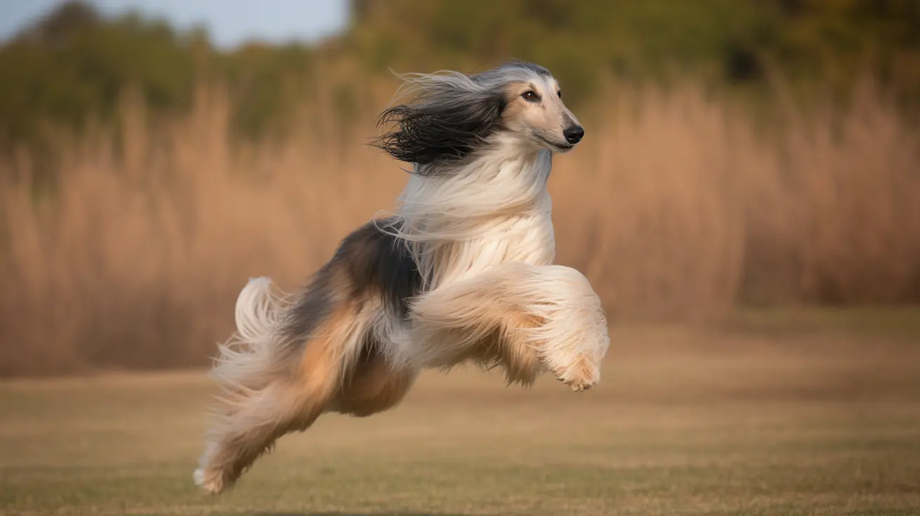 Afghan Hound running gracefully through a field with flowing hair streaming in the wind