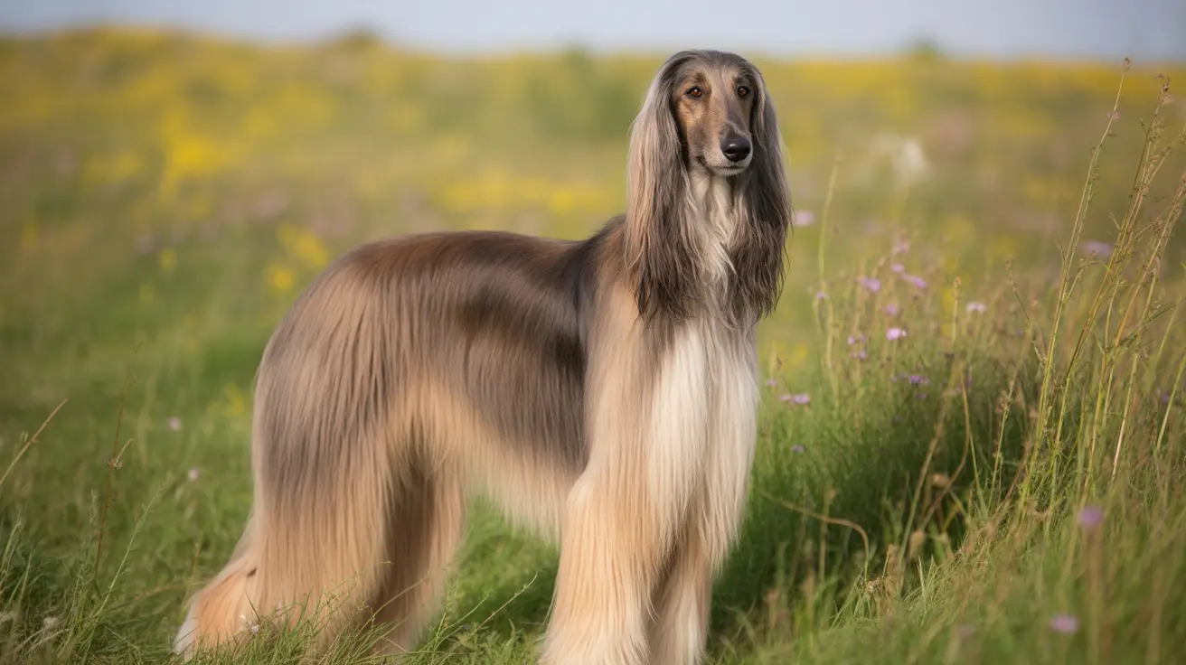 An elegant Afghan Hound standing gracefully in a wildflower meadow with long, flowing coat