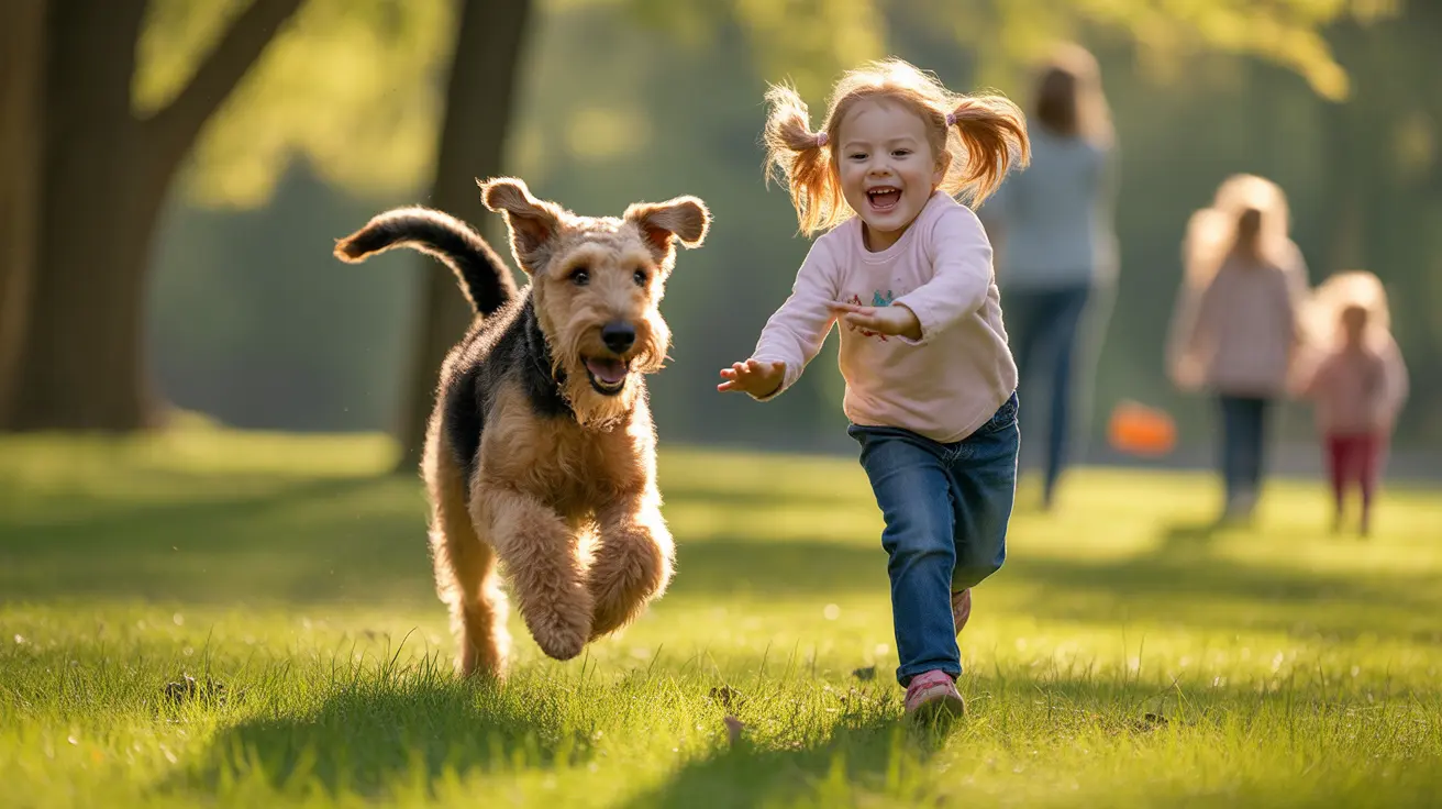 A young girl and her Airedale Terrier running and playing in a sunlit park