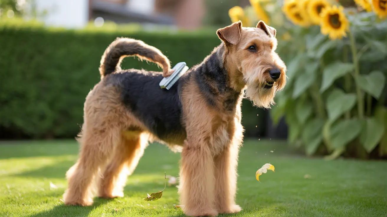 An Airedale Terrier standing on a manicured lawn with sunflowers in the background and a grooming brush attached to its back