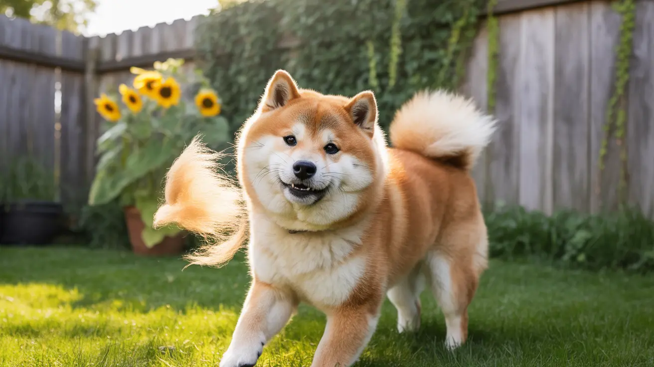 Fluffy Akita dog standing happily in a backyard with sunflowers in the background
