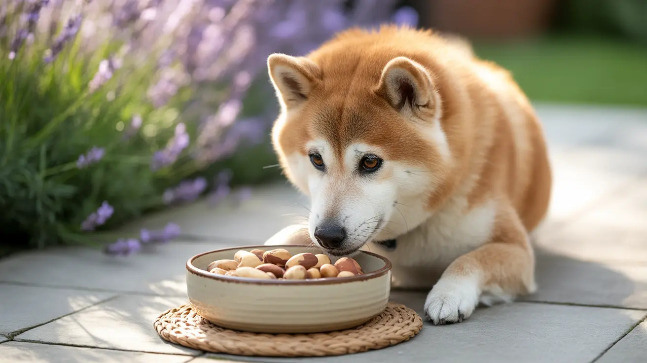 An Akita dog looking curiously at a bowl of mixed nuts on a woven placemat