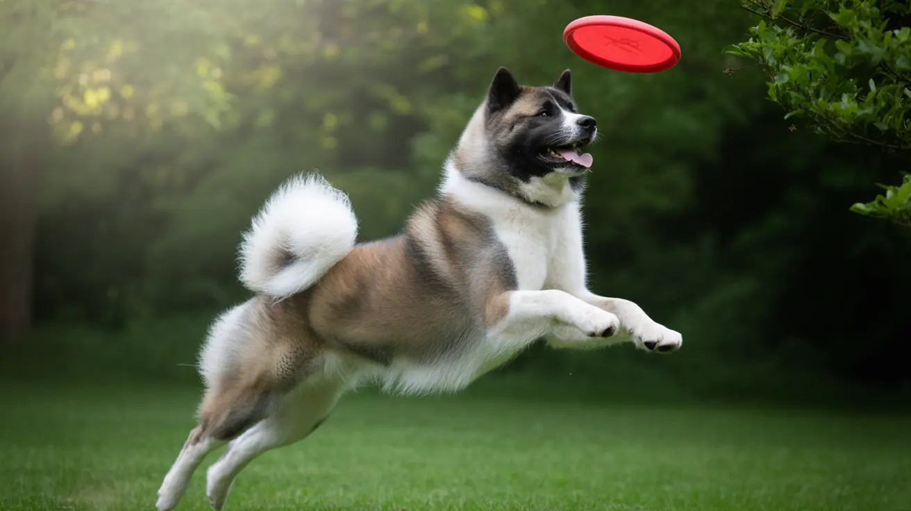 An Akita dog leaping mid-air to catch a red flying disc in a lush green outdoor setting