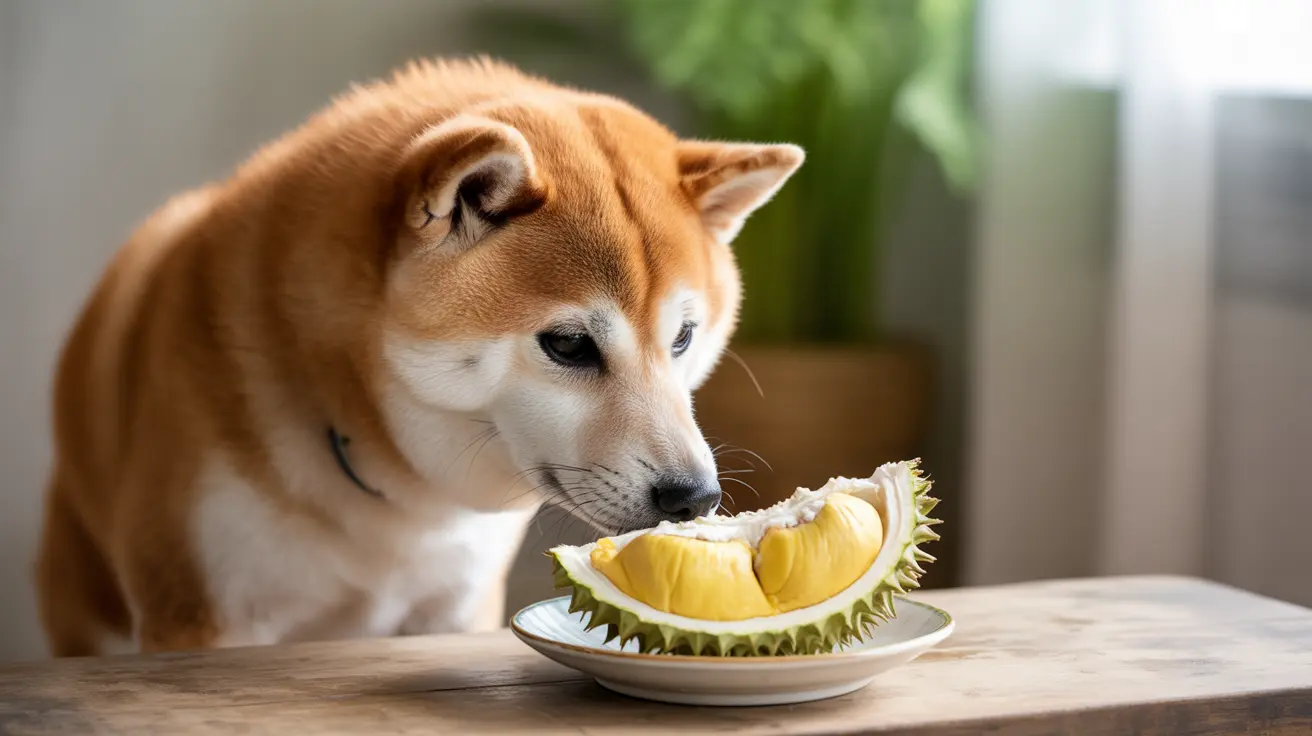 An Akita dog curiously investigating a slice of durian fruit on a plate