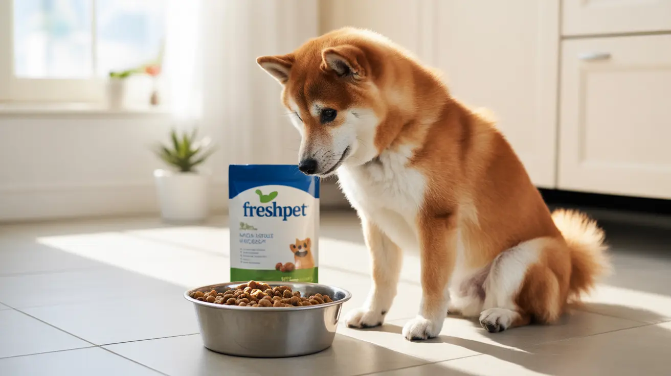 An Akita dog sitting next to a bowl of Freshpet dog food in a bright, minimalist kitchen setting