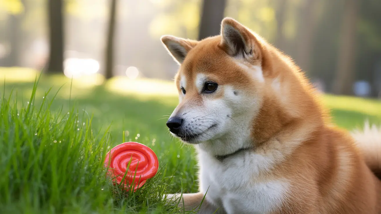 An Akita dog sitting in grass with a bright red toy near morning sunlight