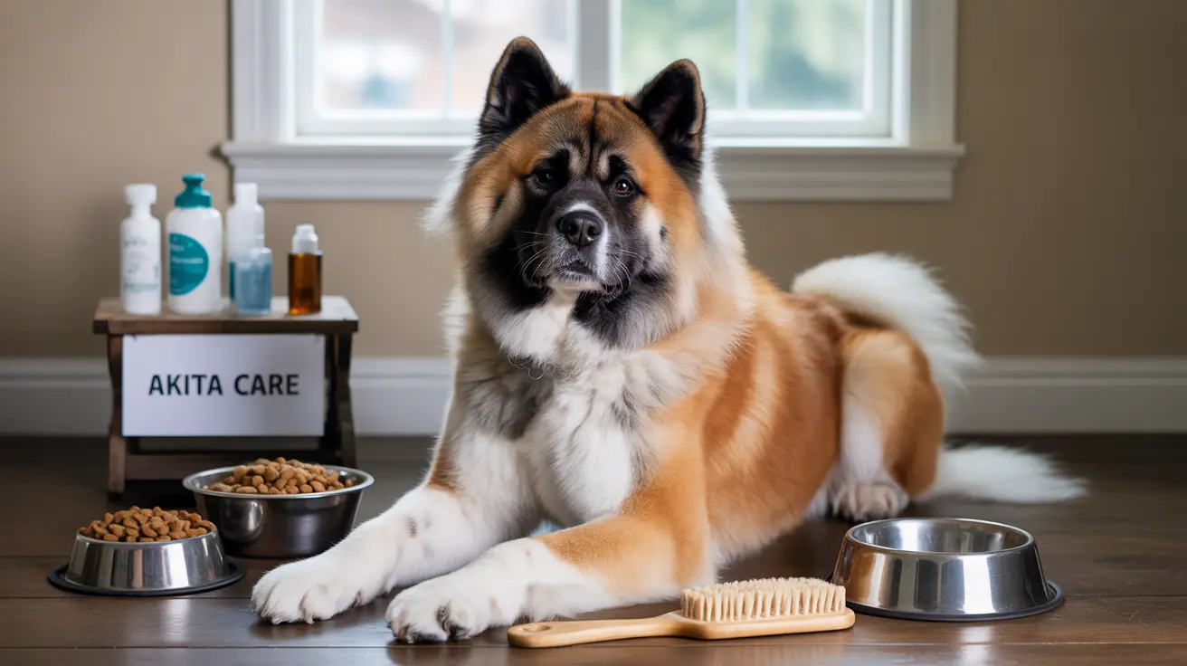 An Akita dog sitting calmly next to grooming supplies and food bowls in an indoor setting