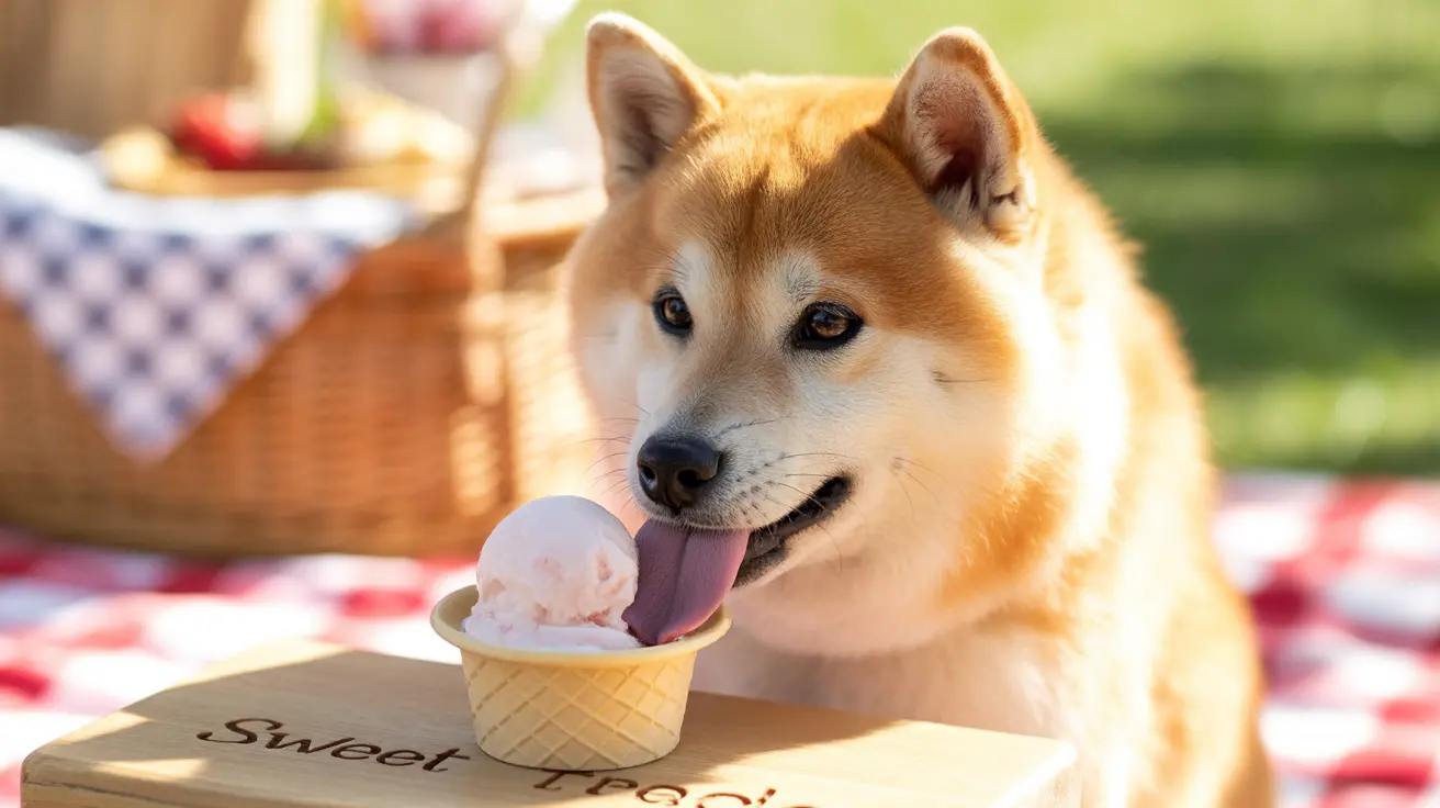 An Akita dog enjoying an ice cream cone on a sunny day during a picnic
