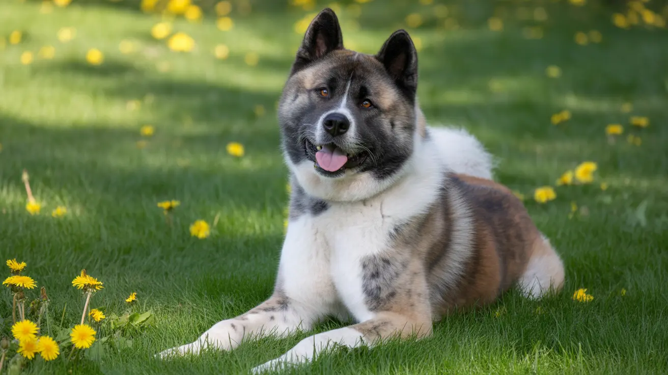 An Akita dog sitting comfortably on a lush green lawn with yellow dandelions scattered around