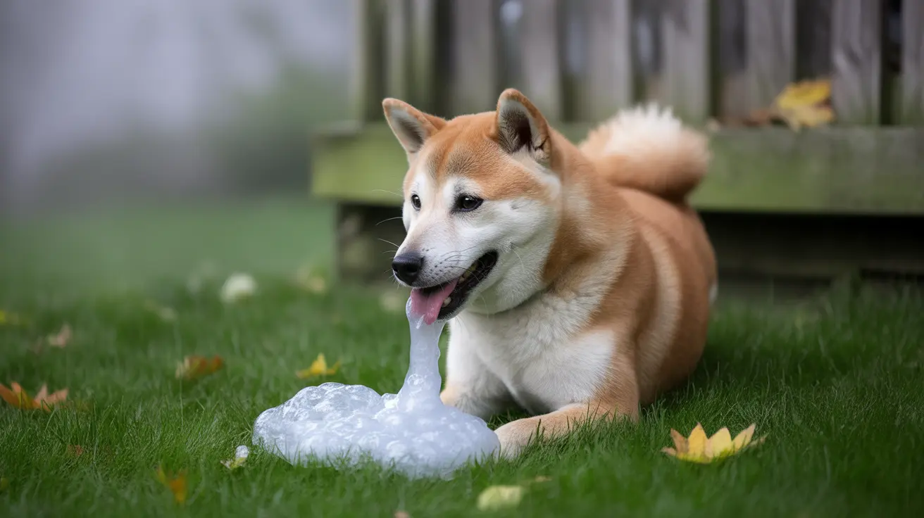 Un chien Akita assis sur une pelouse herbeuse, léchant un grand objet gelé ou de glace