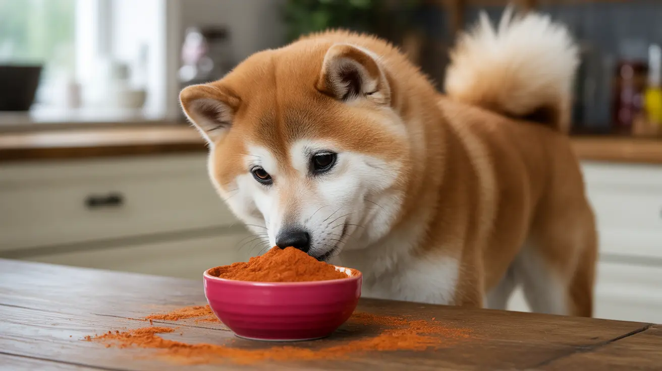 An Akita dog sniffing a bright red bowl filled with orange-colored powder on a wooden surface