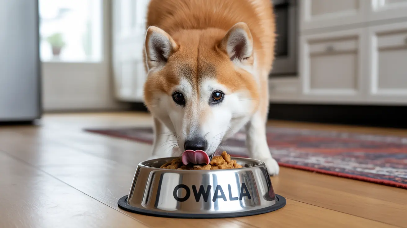 Owalaと名付けられた専用フードボウルから熱心に食事をしている秋田犬の様子