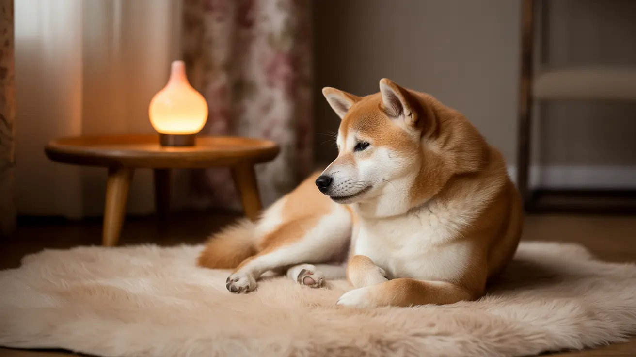 An Akita dog resting peacefully on a soft fur rug near a glowing diffuser