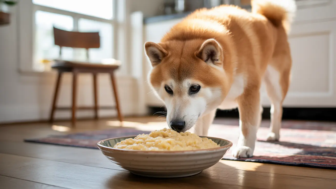 Un perro Akita de pie sobre un gran tazón de comida amarilla, oliendo su contenido.