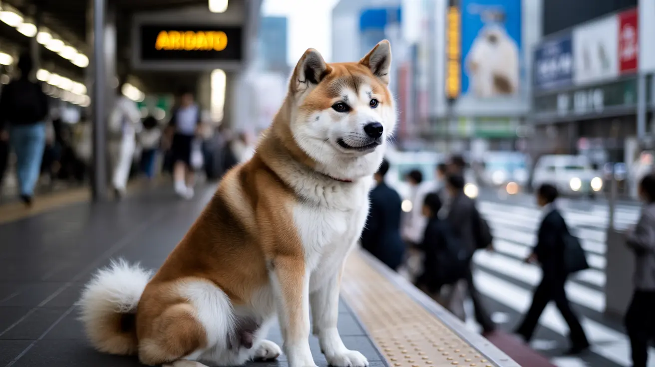 日本の都市の電車ホームで落ち着いて座る秋田犬の姿