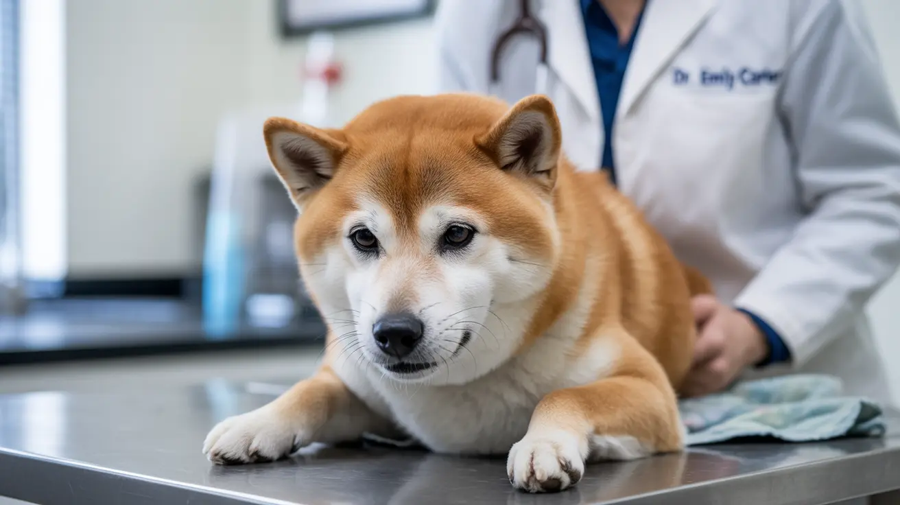 An Akita dog sitting calmly on an examination table during a veterinary check-up