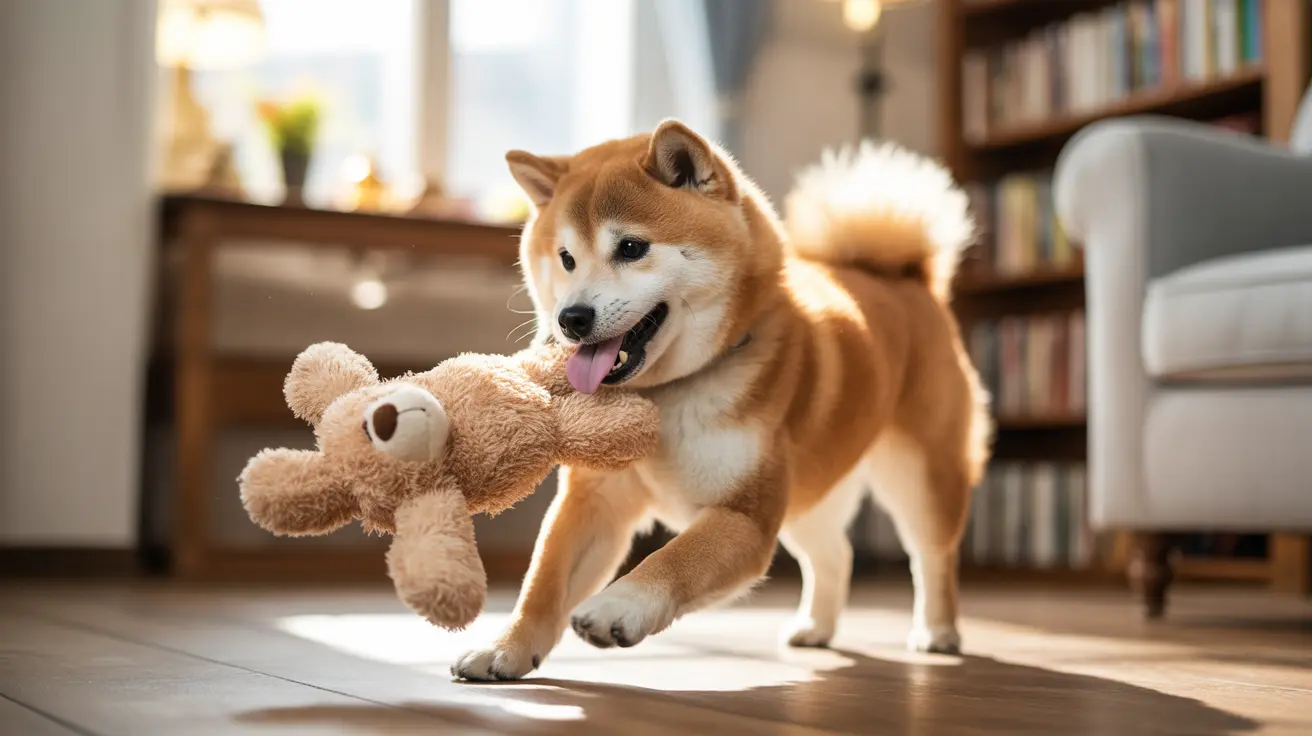 An Akita playfully carrying a soft teddy bear in its mouth inside a cozy living room