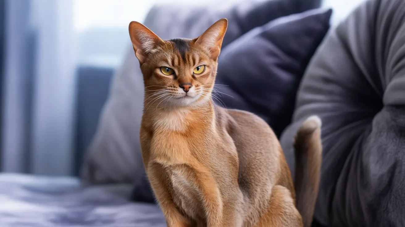 An alert Abyssinian cat sitting upright on a gray couch with an intense, focused gaze