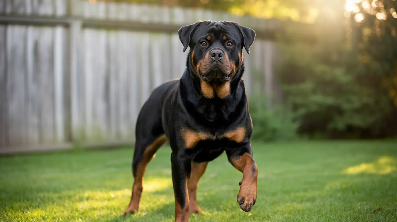 Strong and alert Rottweiler standing confidently on a green lawn with a wooden fence and soft sunlight in the background