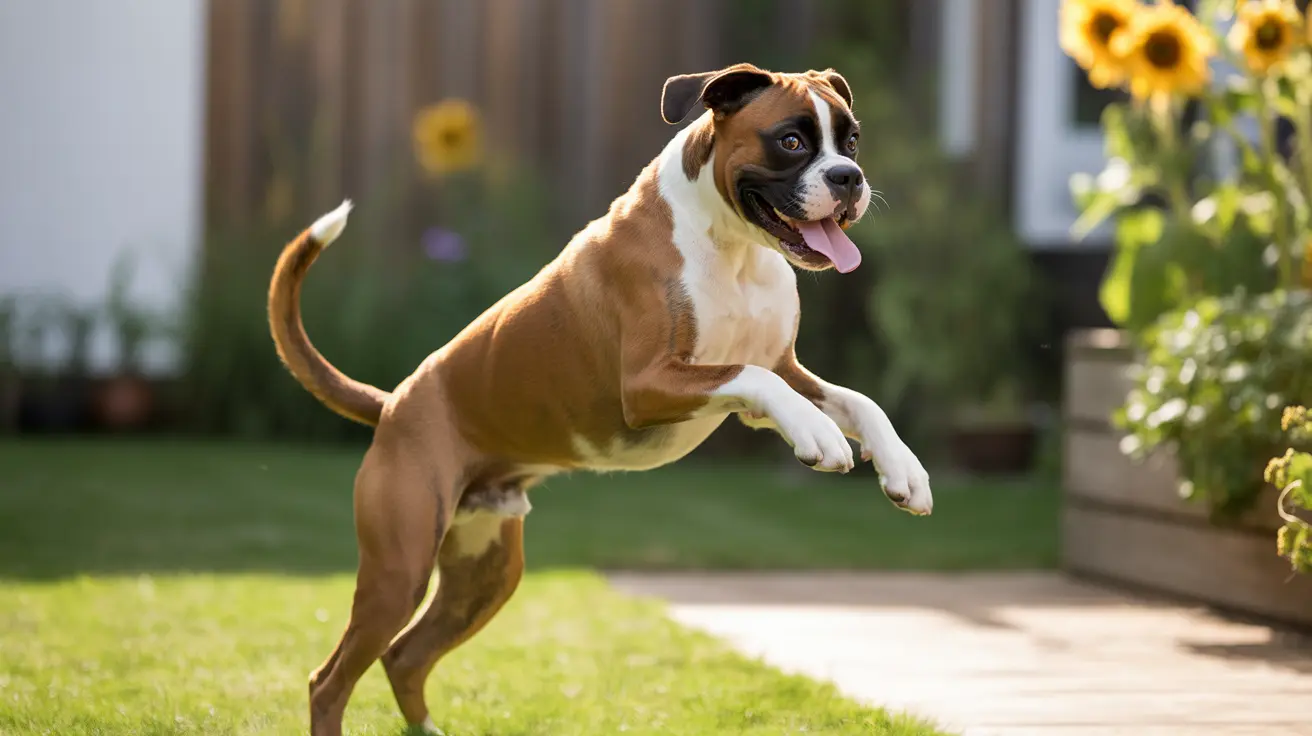 American Bulldog leaping energetically outdoors with tongue out and front paws extended