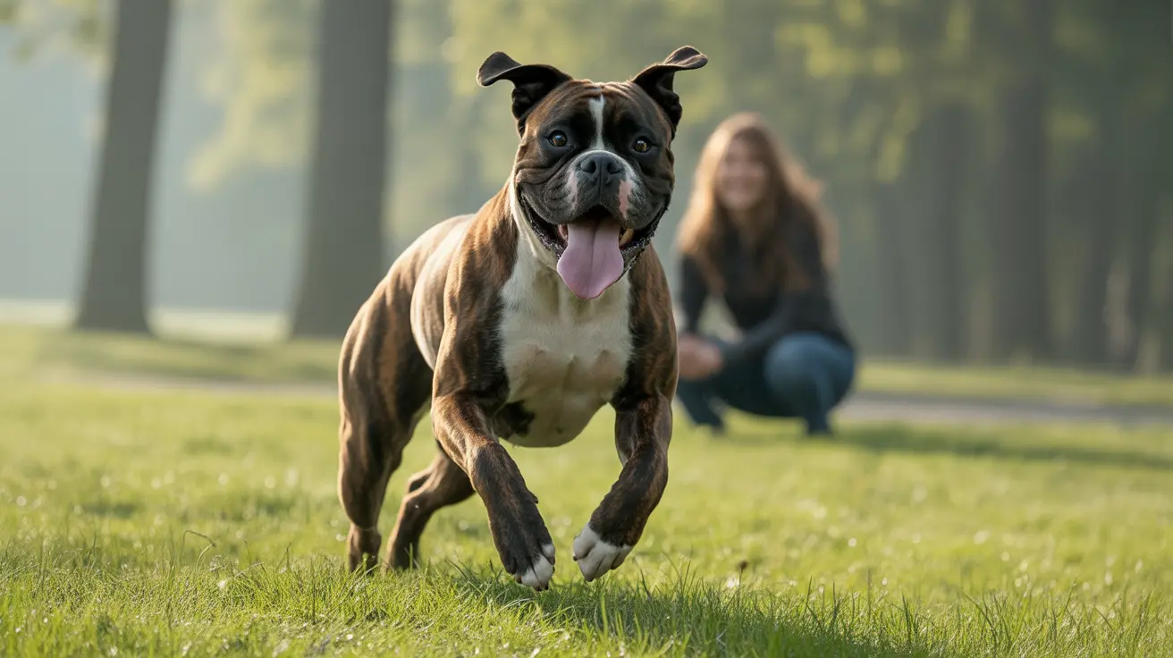 American Bulldog running energetically on a grassy field with a person sitting blurred in the background